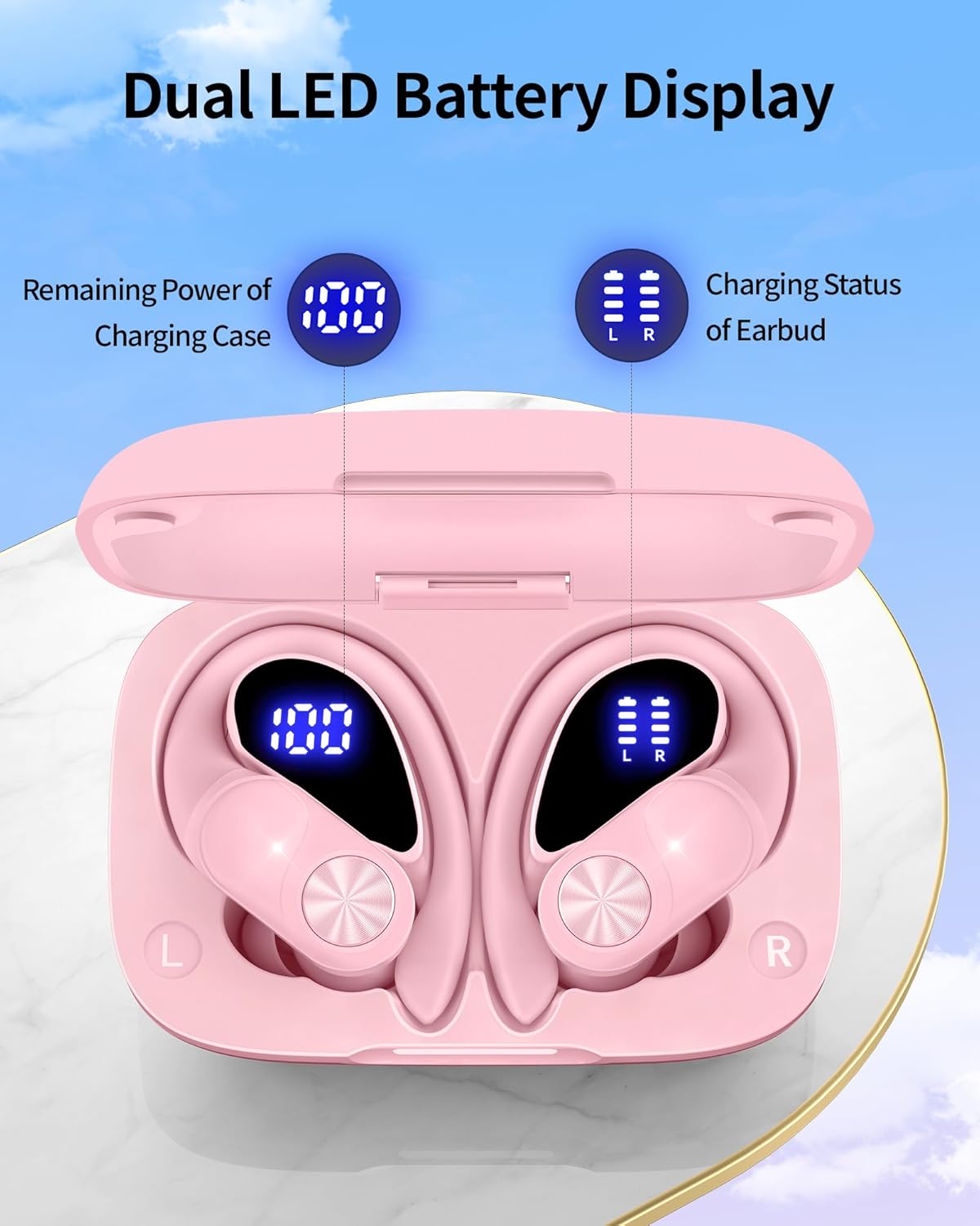 Auriculares Bluetooth inalámbricos 80 horas de reproducción, estuche de carga inalámbrica, pantalla digital, auriculares deportivos con gancho para