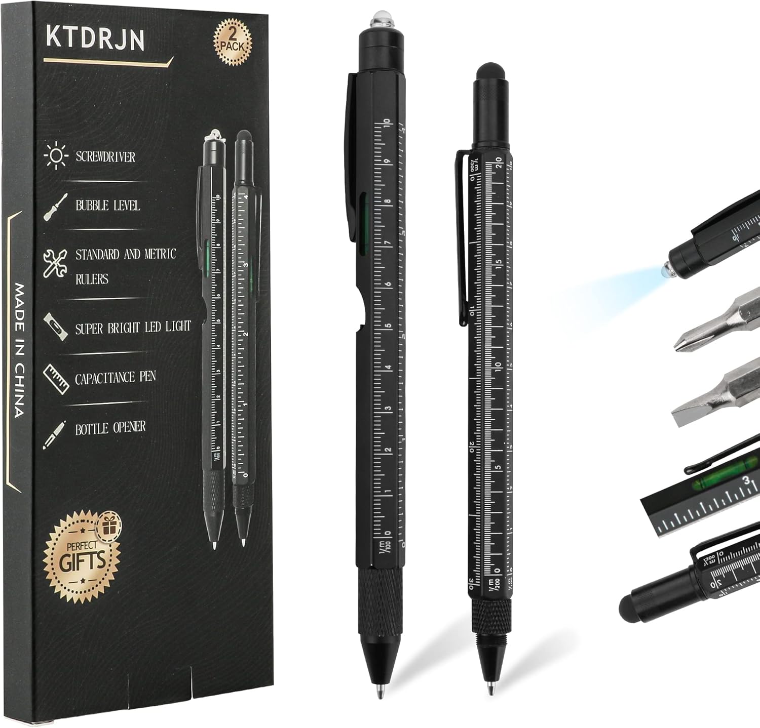 Herramientas para hombres, gadgets geniales, paquete de 2 bolígrafos multiherramientas 9 en 1 con luz LED, lápiz capacitivo para pantalla táctil,