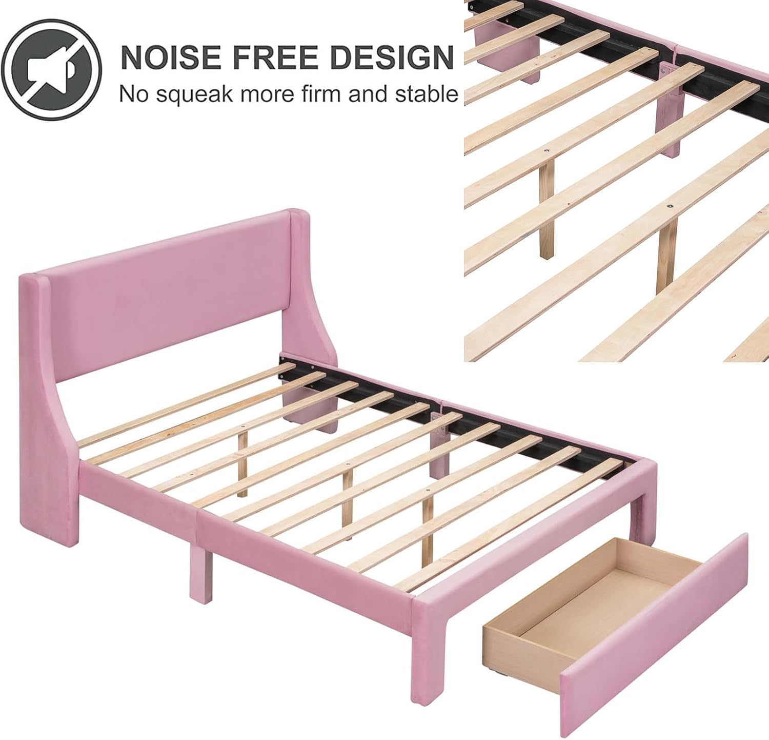 Base de cama tapizada de terciopelo de tamaño matrimonial con un gran cajón de almacenamiento y cabecera copetuda, soporte de listones de madera