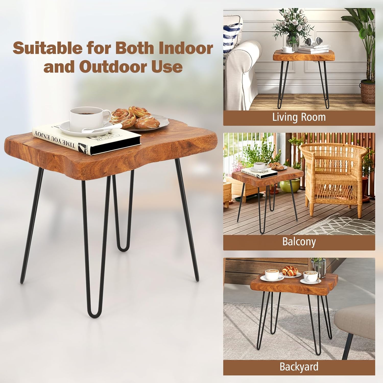GOFLAME Mesa auxiliar rectangular, mesa auxiliar para interiores y exteriores con parte superior de madera de teca maciza y patas de metal, mesa de