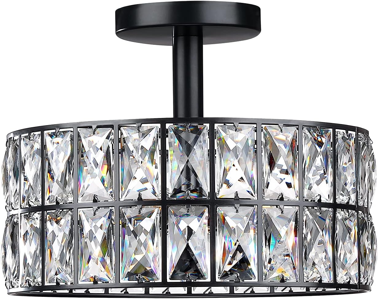 K9 Crystal Farmhouse Drum – Lámpara semiempotrada cerca del techo, para sala de estar, comedor, dormitorio, isla de cocina, pasillo (acabado negro,