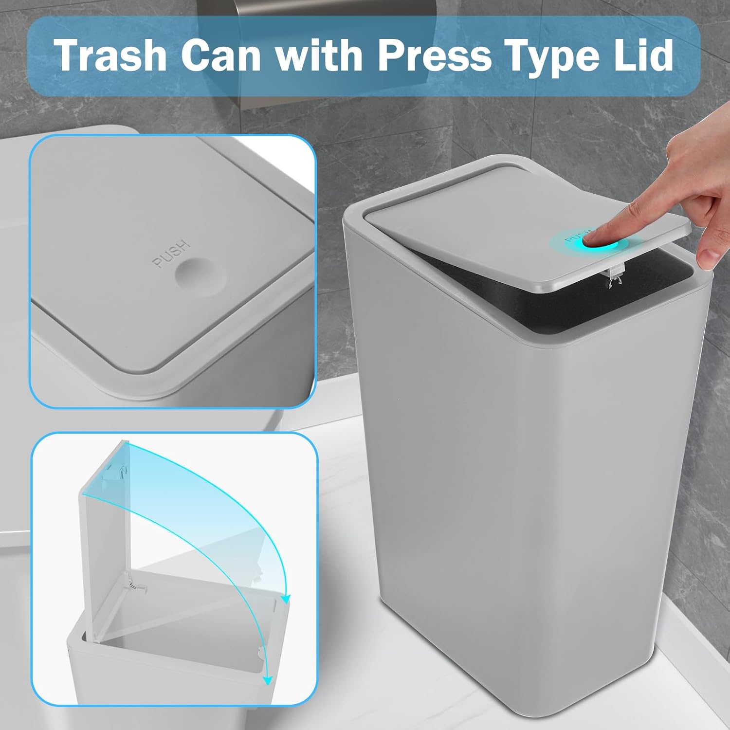 Paquete de 3 cubos de basura pequeños para baño con tapa, papelera delgada de 10 litros2.6 galones con tapa desplegable para dormitorio, oficina,