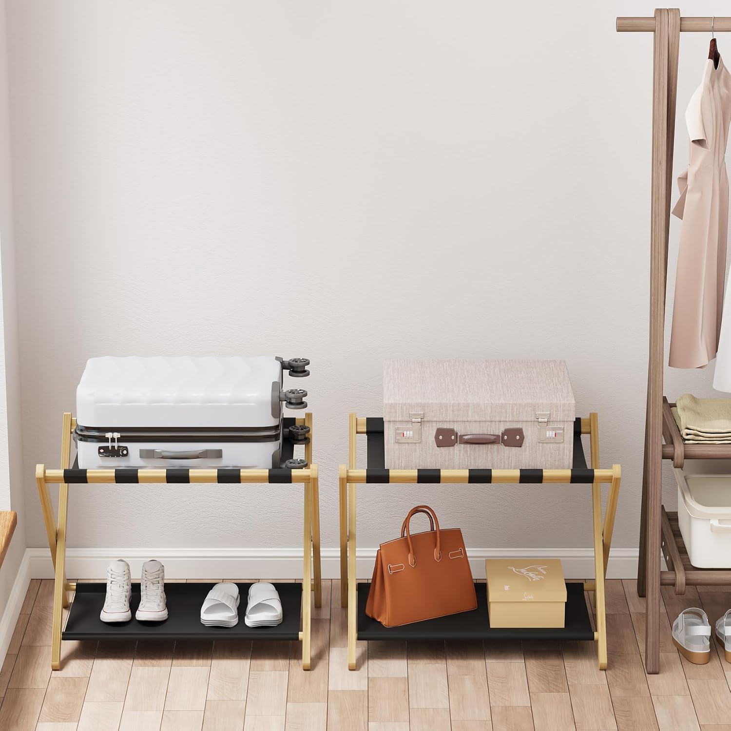 Paquete de 2 portaequipajes de bambú natural, soporte plegable para maleta con estante de almacenamiento, soporte de equipaje fácil de montar con 5