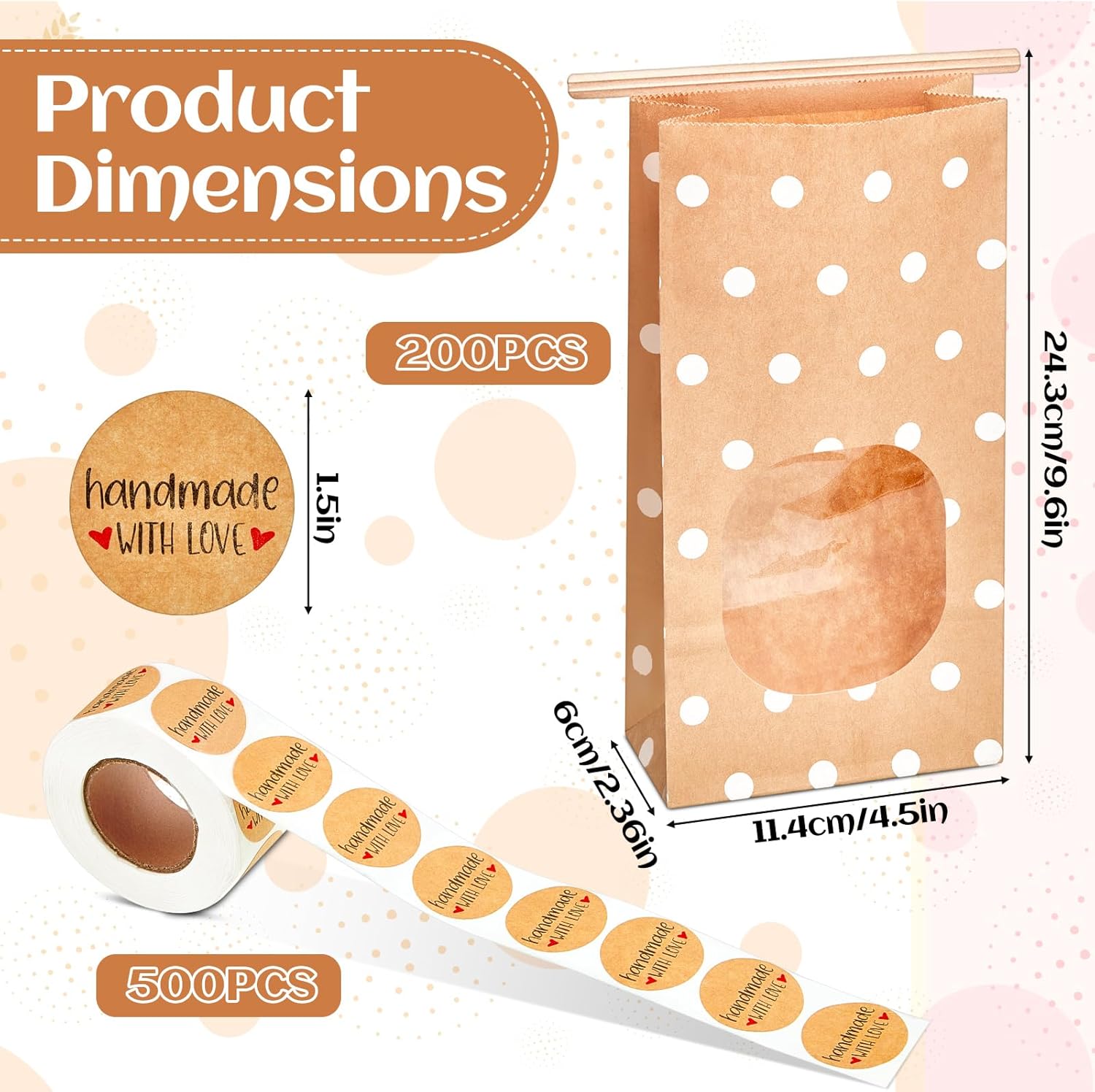 200 bolsas de panadería de 4.5 x 2.36 x 9.6 pulgadas con ventana, bolsas de papel marrón para galletas, bolsas de papel para golosinas, bolsas de
