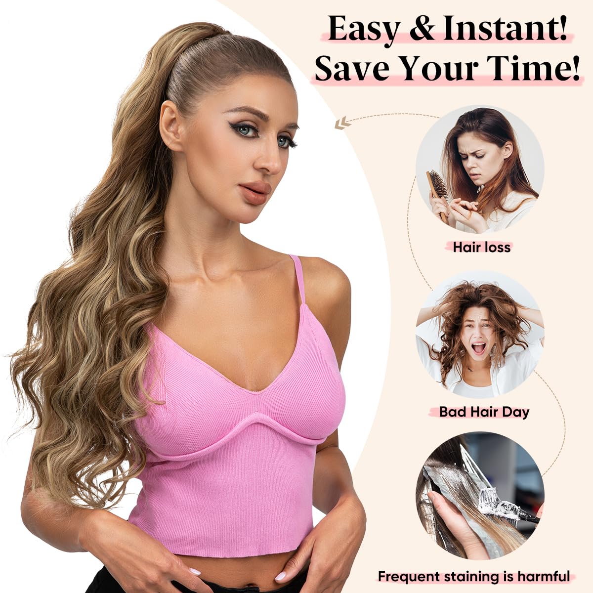 Extensiones de cola de caballo sintéticas resistentes al calor, 26 pulgadas de largo, esponjosas, onduladas, para mujer, color negro