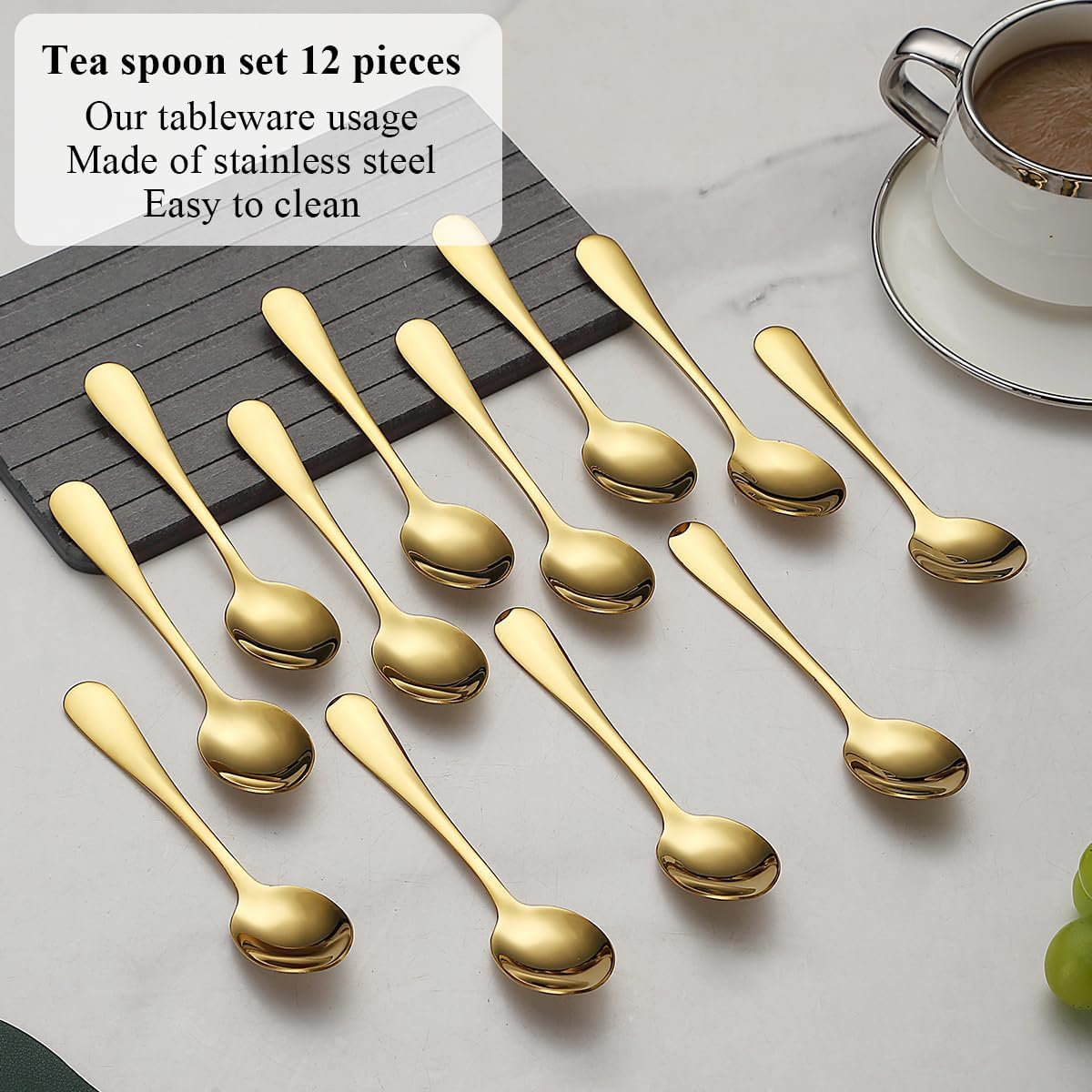 12 cucharaditas doradas, acero inoxidable chapado en titanio dorado, cuchara de té de 5.5 in, cubiertos para té, café, pasteles, postres, ensaladas,