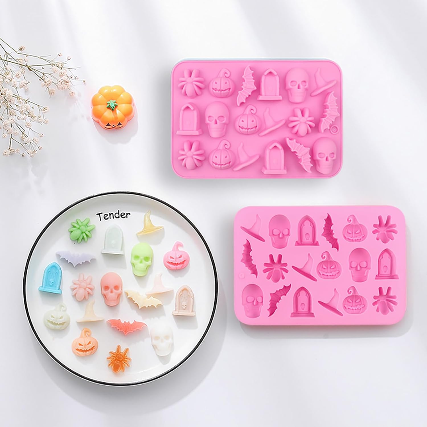 2 moldes de silicona de Halloween, 18 cavidades, fantasma, calabaza, murciélago, cráneo, bruja, moldes para hornear dulces de chocolate para pudín,