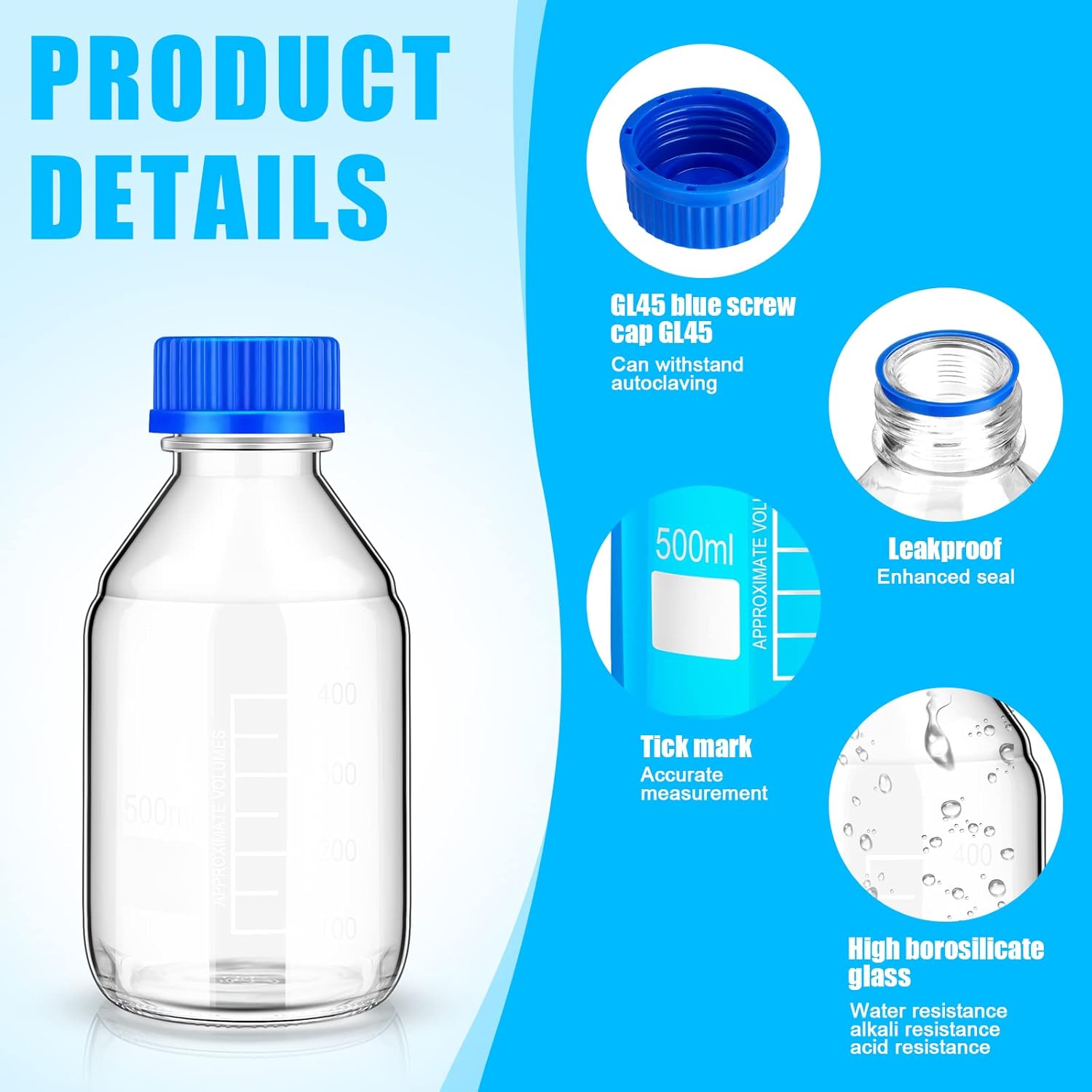 16 botellas de almacenamiento de medios, botella de vidrio de almacenamiento de borosilicato, botella científica redonda graduada con tapa de rosca