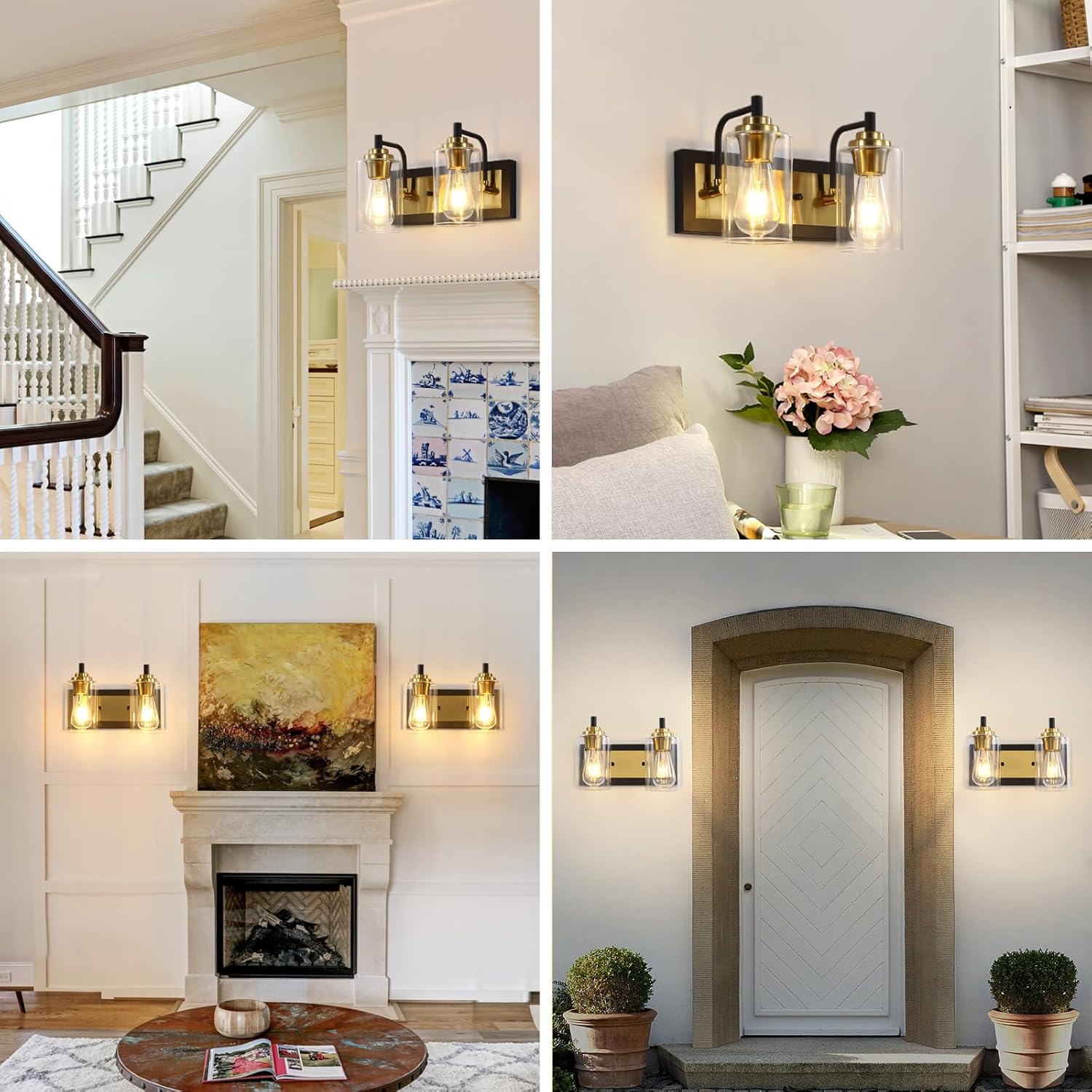 2 lámparas de tocador de baño, modernas luces negras y doradas, lámparas de baño sobre espejo con pantalla de vidrio transparente, apliques de pared