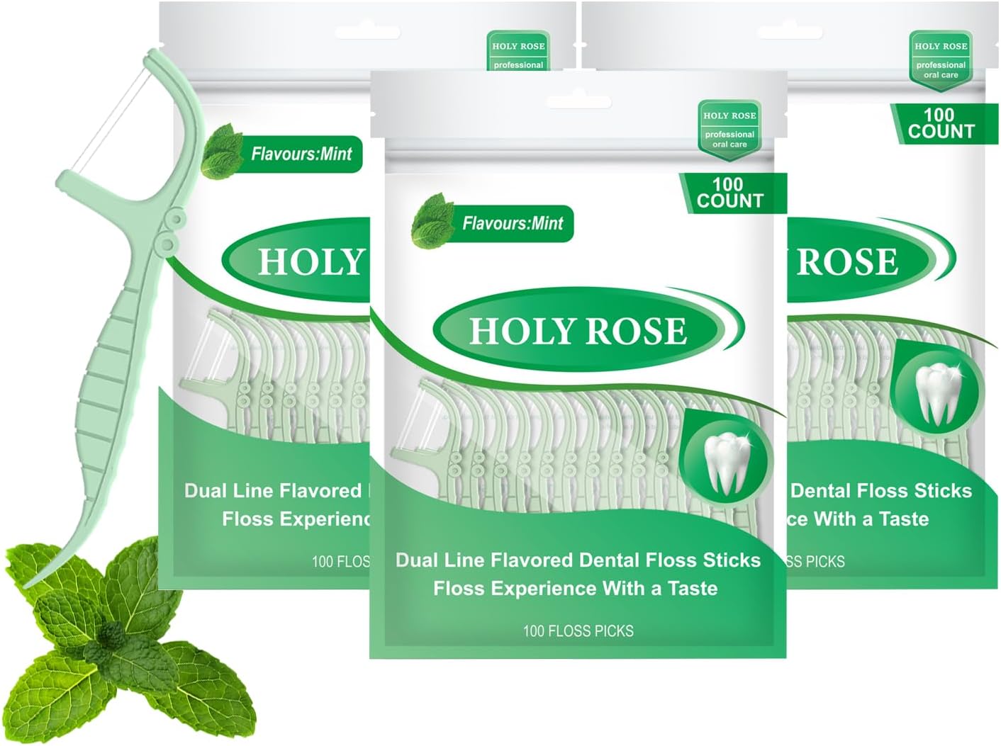 Holy Rose Mint Twin Line – Palillos de hilo dental de doble acción, paquete de 300 unidades, kit de herramientas de limpieza de dientes de doble