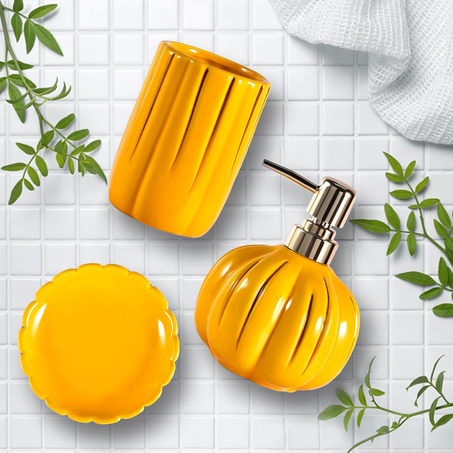 Juego de accesorios de baño de cerámica de 3 piezas, juego de accesorios decorativos para encimera de baño, forma de calabaza, amarillo