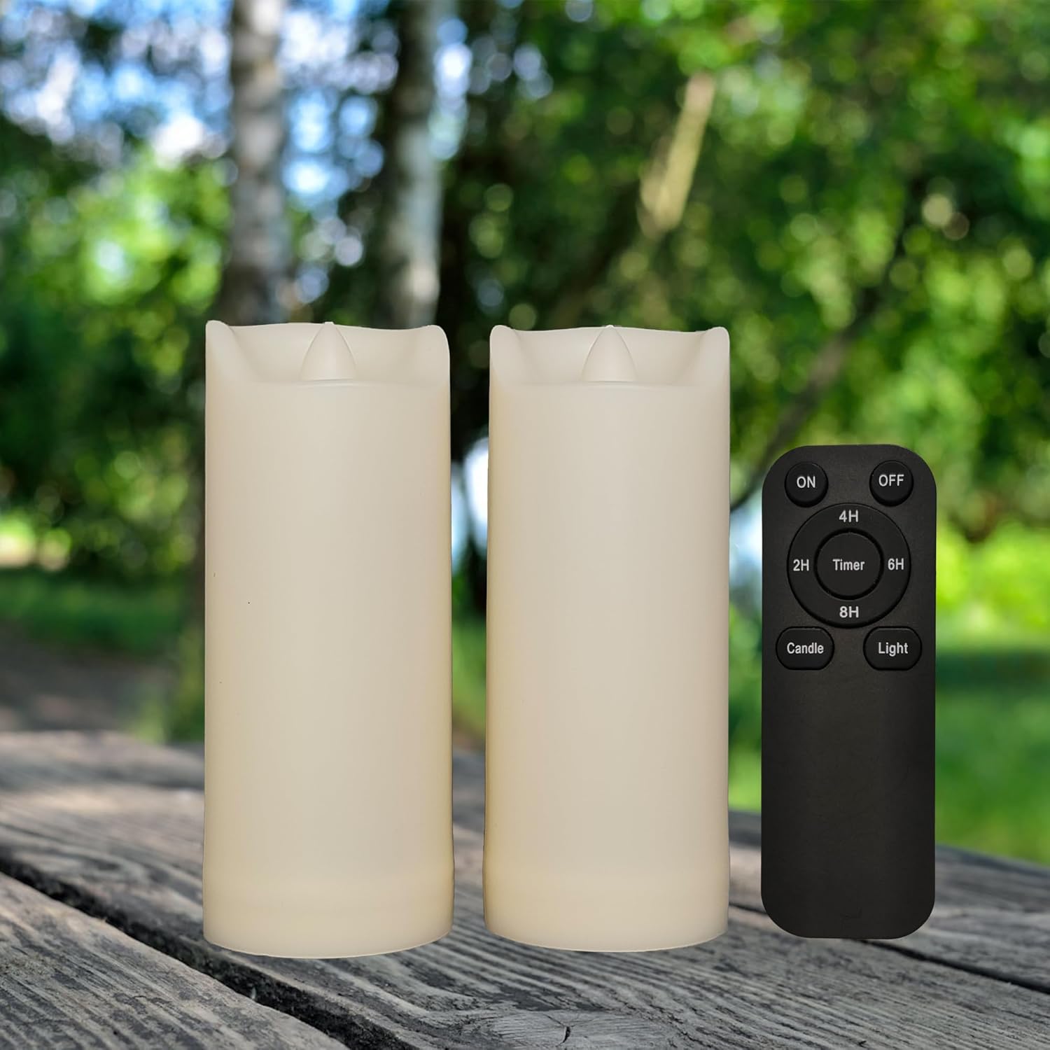 iZAN Paquete de 2 velas LED sin llama a pilas con control remoto para exteriores, impermeables, parpadeantes, luces decorativas para Halloween,