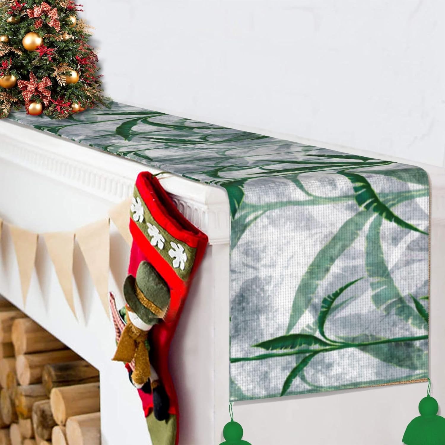 Camino de mesa de Navidad con pasto de acuarela, decoración de mesa de comedor, decoración de Navidad, decoración de interiores del hogar, caminos