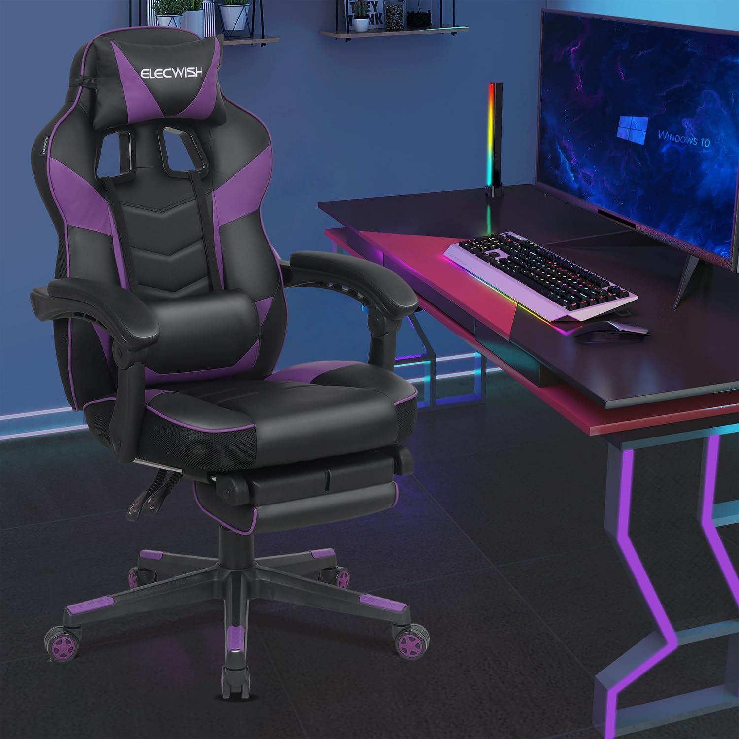 ELECWISH Silla de juegos de computadora con reposapiés, silla de jugador de respaldo alto, tamaño grande, ergonómica, ajustable, giratoria,