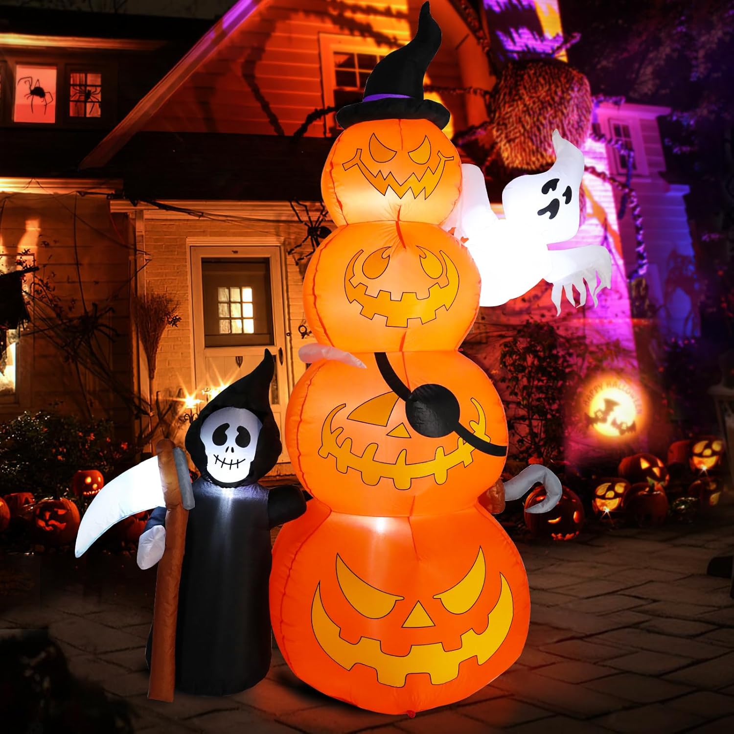 Decoraciones inflables de Halloween de 8.5 pies de alto para exteriores, calabazas inflables gigantes con fantasma y parca inflable de Halloween con