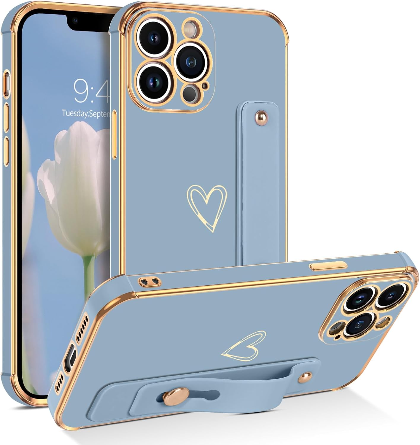 BENTOBEN Funda para teléfono iPhone 13 Pro Max, con correa ajustable con bonito corazón, soporte de soporte, a prueba de golpes, protección de TPU