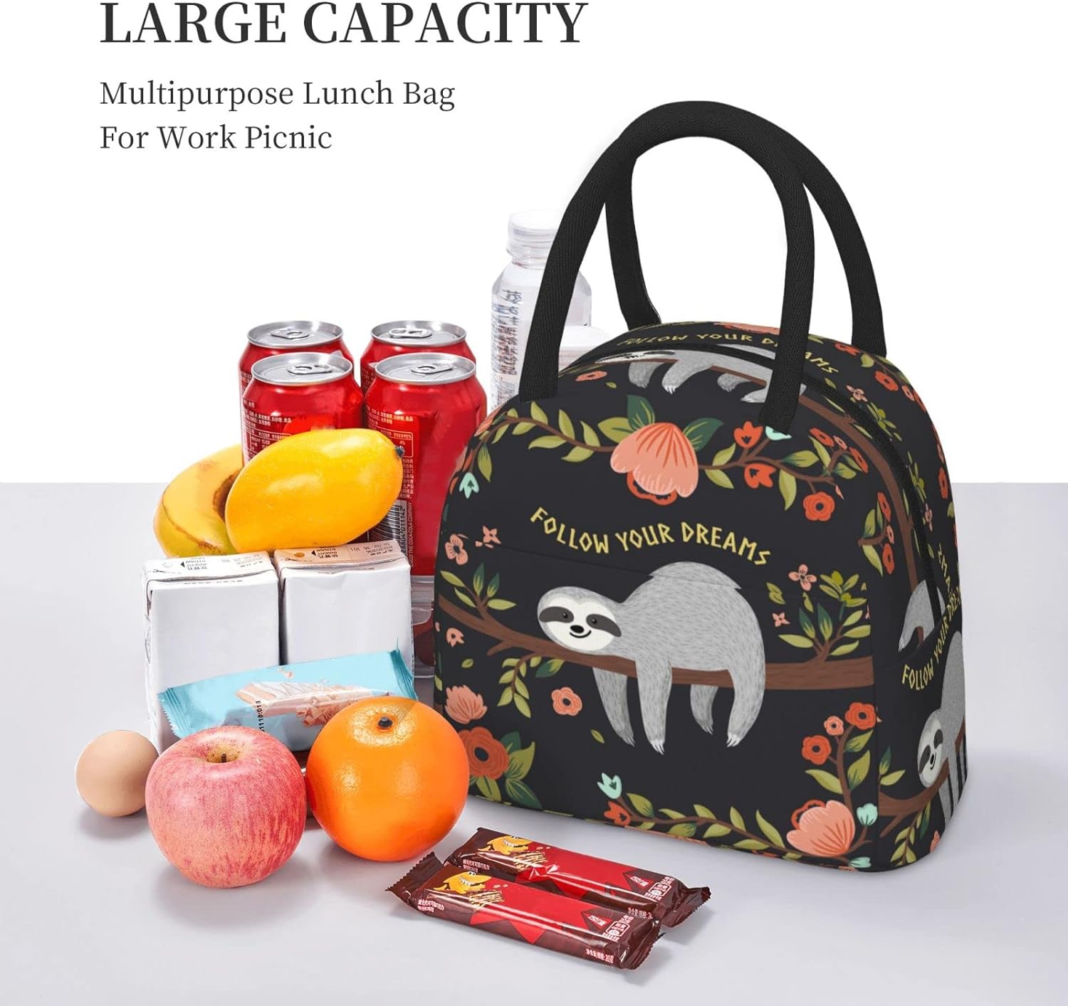 Duduho Bolsa de almuerzo con texto en inglés “Follow Your Dream”, bolsa grande con diseño de perezoso, reutilizable, para mujeres, hombres, escuela,