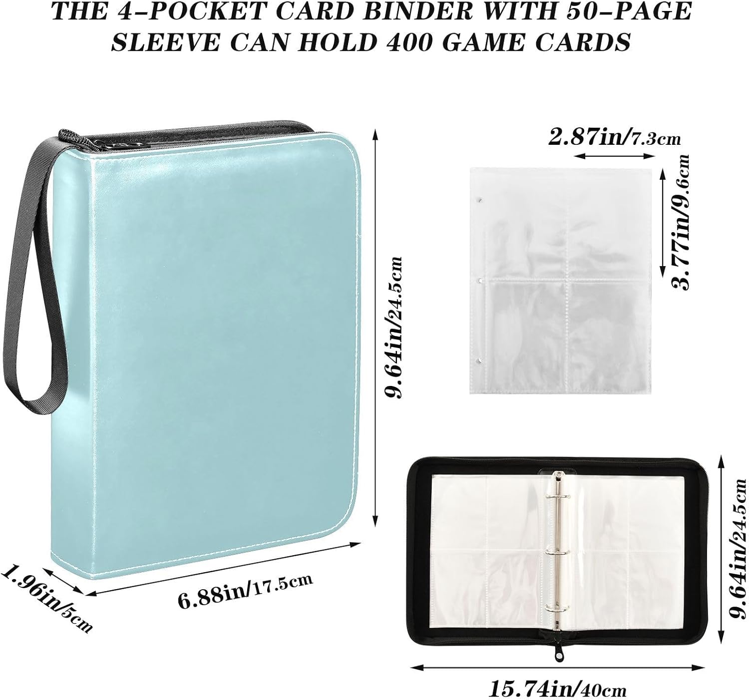 Carpeta de tarjetas Aqua en piel sintética resistente, 400 bolsillos, carpeta de tarjetas de doble cara fácil de limpiar