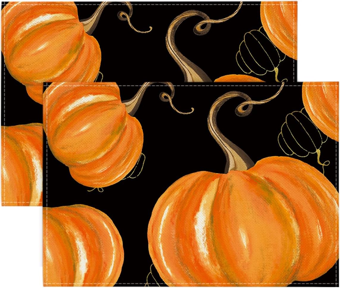 Artoid Mode Juego de 2 manteles individuales de otoño de 12 x 18 pulgadas con diseño de calabazas negras para decoración de fiestas, cocina, comedor