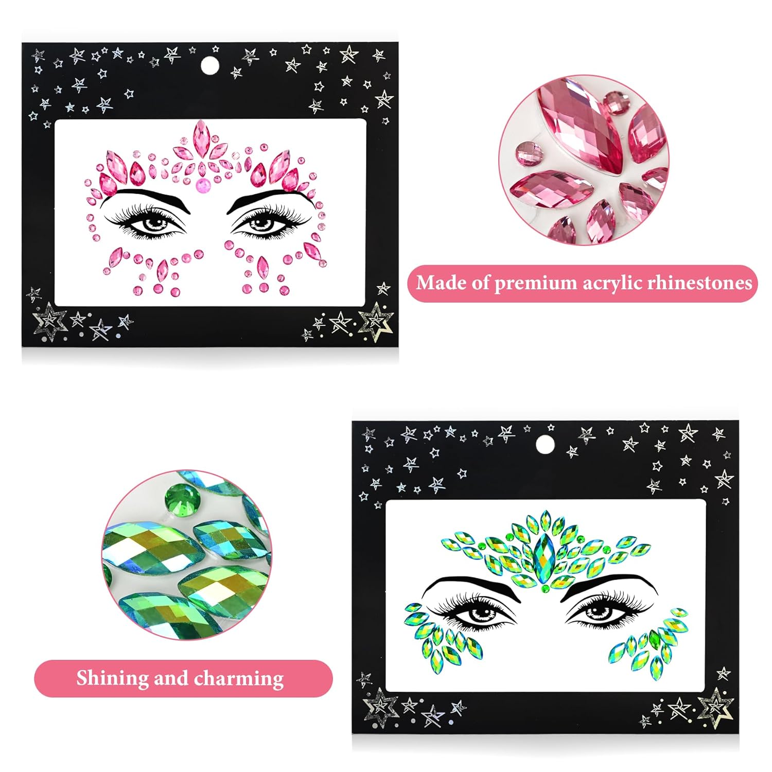 12 juegos de joyas para la cara, diamantes de imitación de sirena para tatuajes temporales, joyas corporales, calcomanías de cristal, gemas faciales