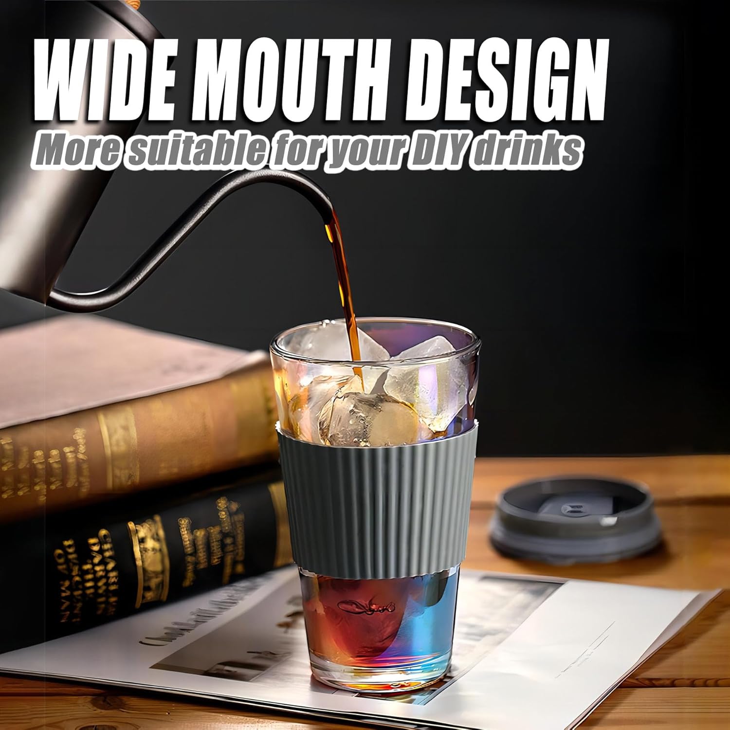 Vaso de vidrio de 15 onzas con popote y tapa de vidrio, taza de café helado colorida Aurora de 15.2 fl oz con funda protectora de silicona, cabe en