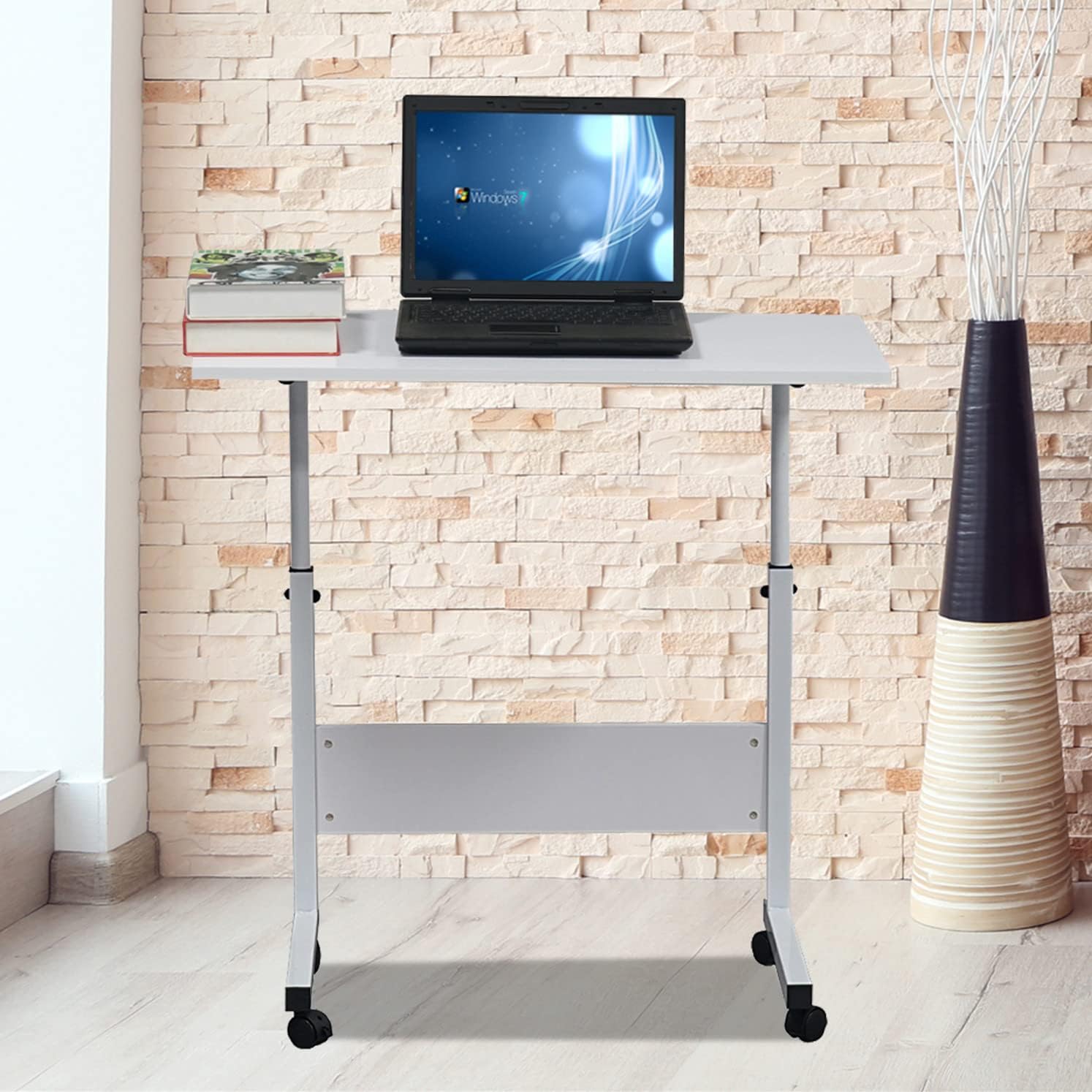 HomVent Bandeja de TV ajustable para sofá, mesa lateral con ruedas, mesa portátil en forma de C, mesa de mesa móvil de madera para computadora