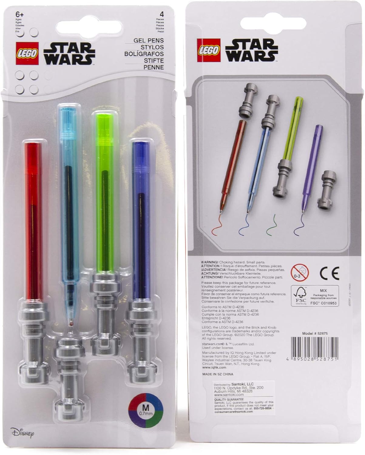 LEGO Star Wars – Bolígrafo de gel con sable de luz, paquete de 4 con 10 recambios de tinta