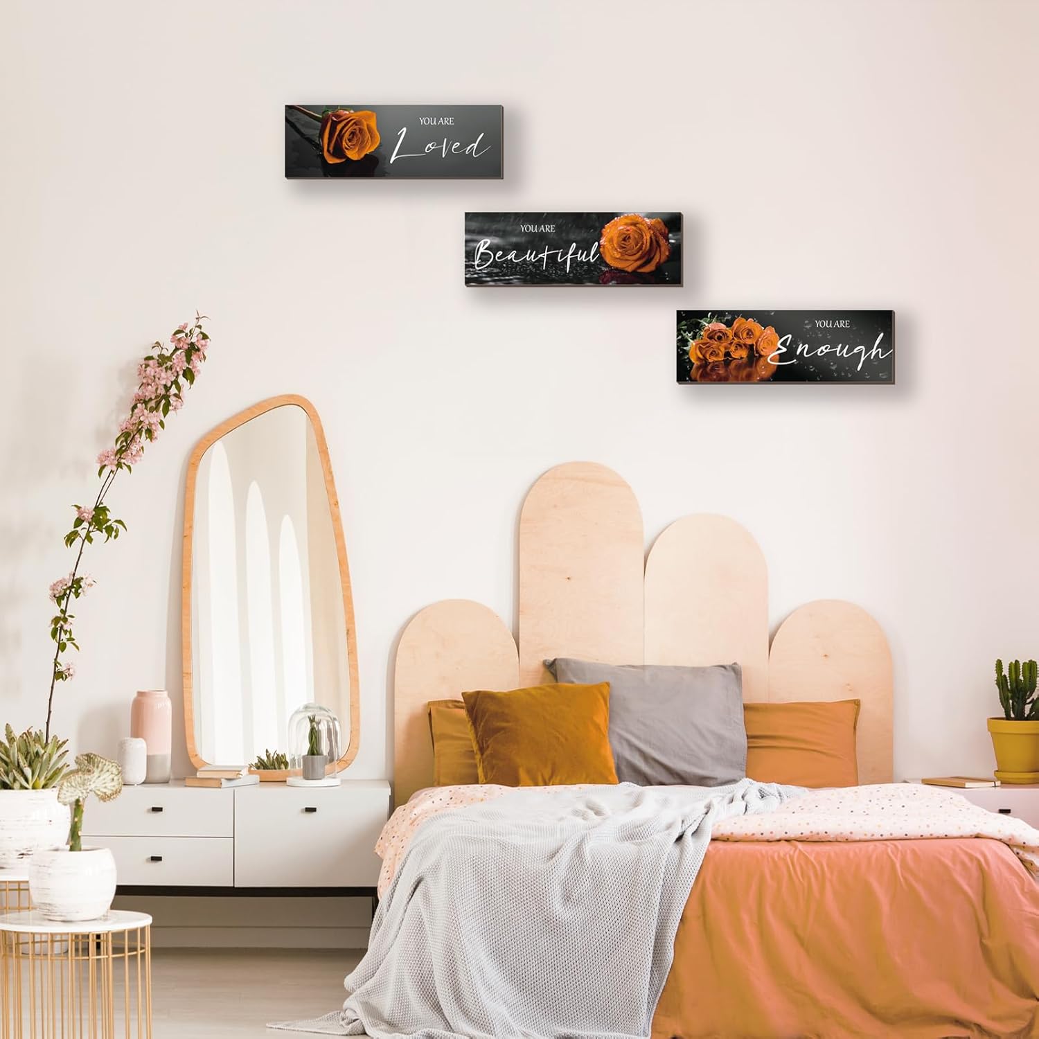 ZINYAZHE 3 piezas de decoración de pared naranja inspiradoras rosas naranjas decoración de baño, arte de pared de madera, citas positivas You Are