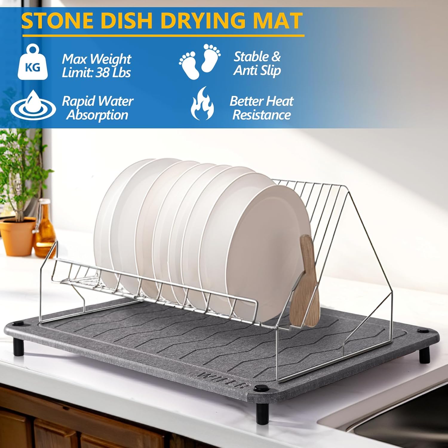 WIFER Tapete de secado de piedra para encimera de cocina, tapete de secado de platos de tierra de diatomeas súper rápida y absorbente para múltiples