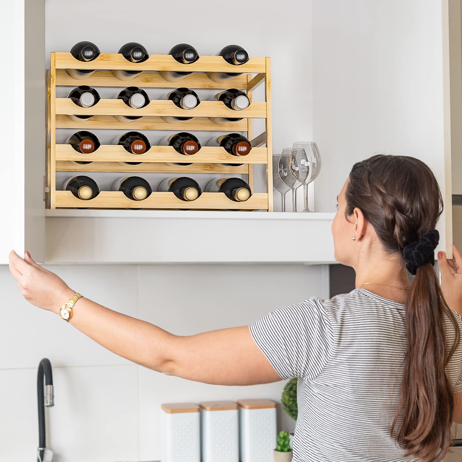 Ruichang Estante de vino resistente para encimera de vino, soporte de bambú para botellas de vino, estantes de almacenamiento de vino, soportes para