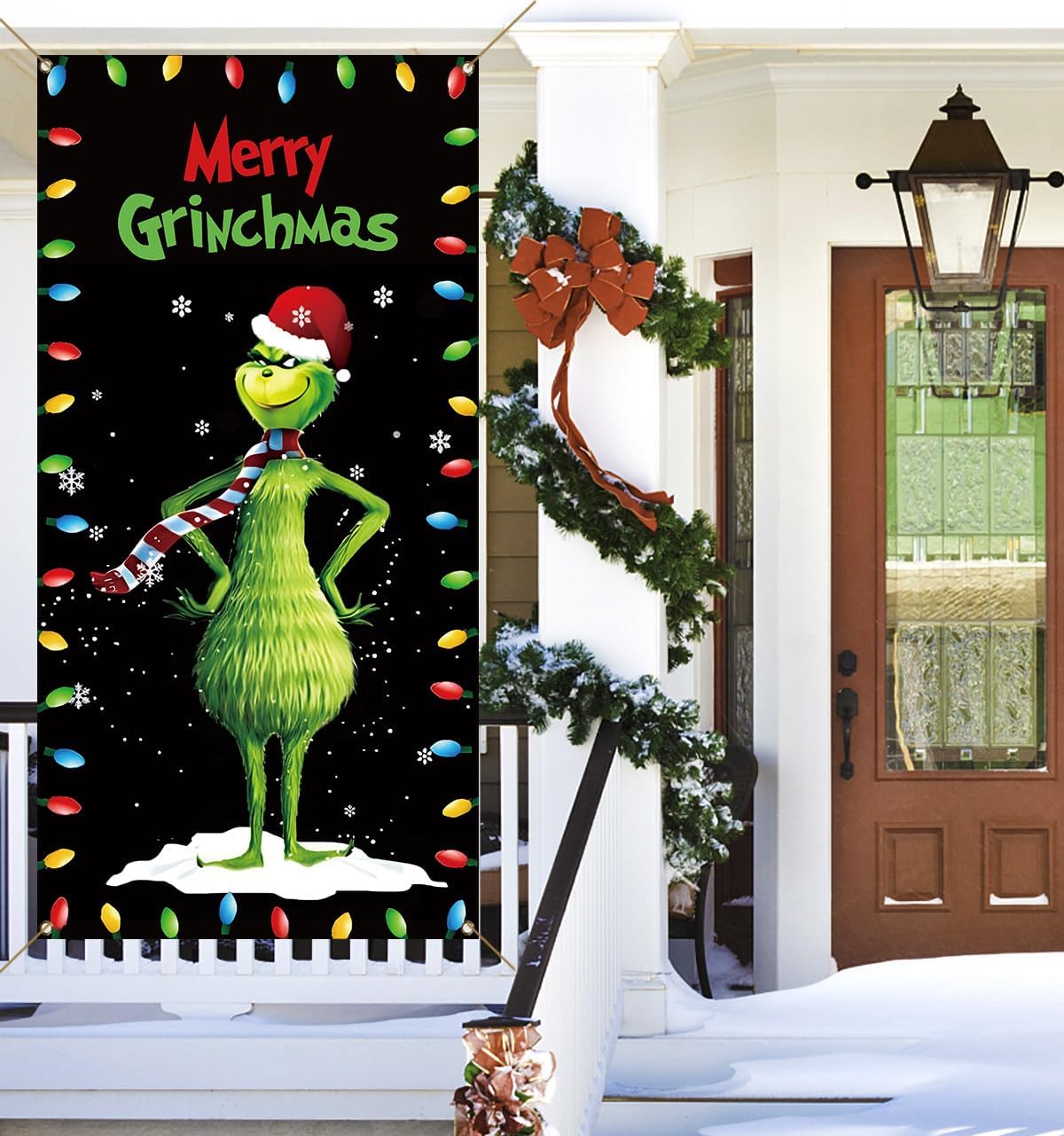 Vohado Merry Grinchmas – Cubierta de puerta de Navidad, Whoville, decoración de fiesta de invierno, decoración de porche frontal, fondo para