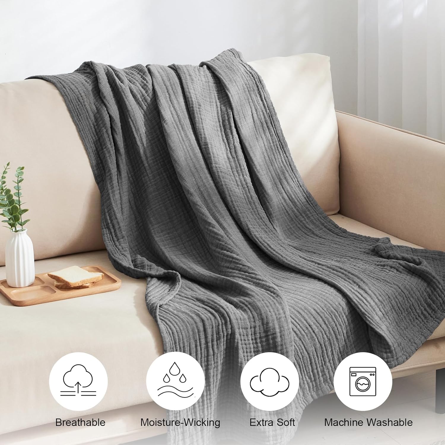 PHF – Manta de muselina 100% algodón para adulto, suave al tacto, transpirable y ligera, perfecta para la decoración del hogar, sofá, cama, para