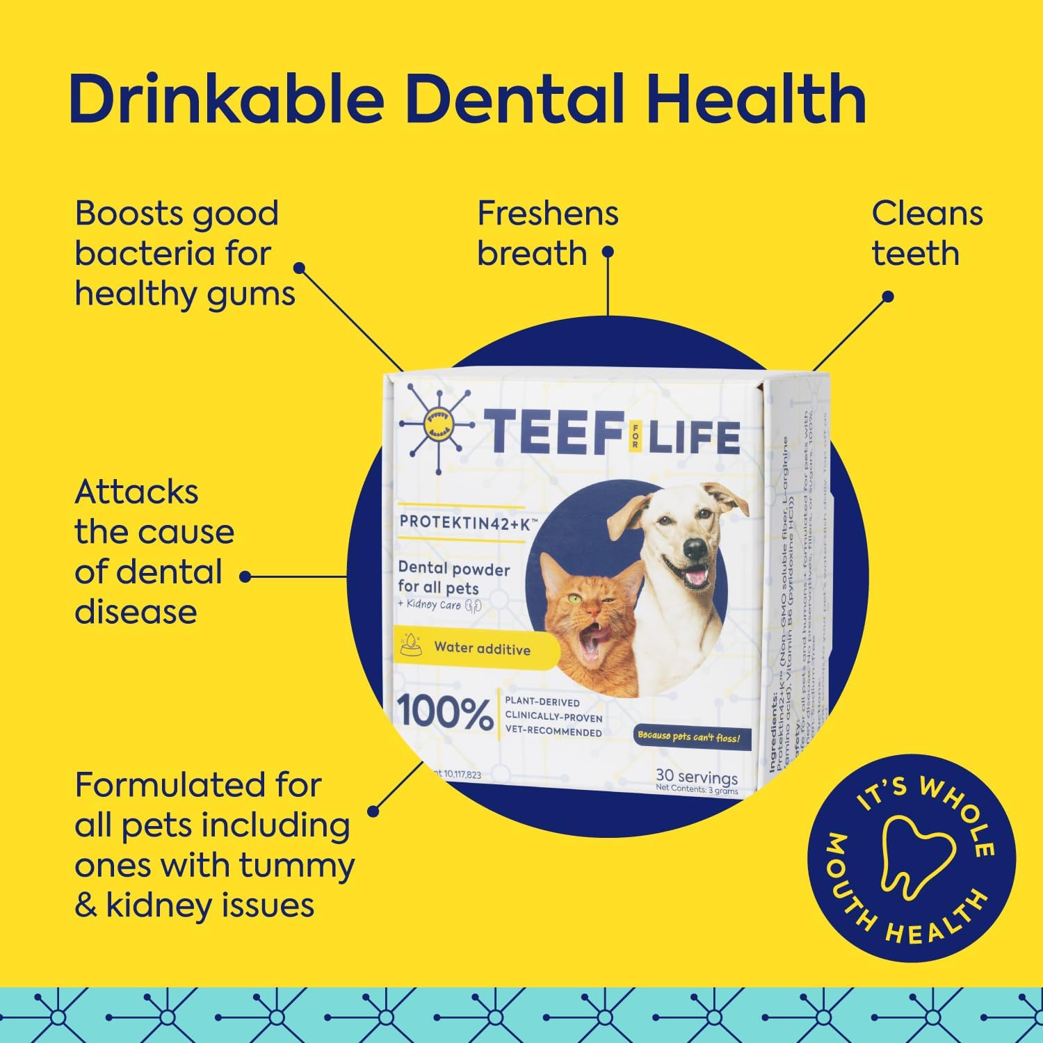 Protektin42+K Cuidado dental diario derivado de plantas para todas las mascotas (sin sodio), aditivo de agua dental, combate la placa y el sarro,