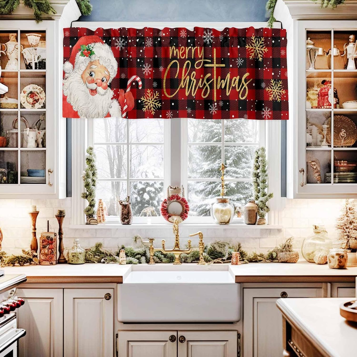 Cenefa de Navidad para ventanas, cenefas de Papá Noel, cenefa con bolsillo para barra, tratamientos de ventana, cortinas cortas a cuadros rojos para