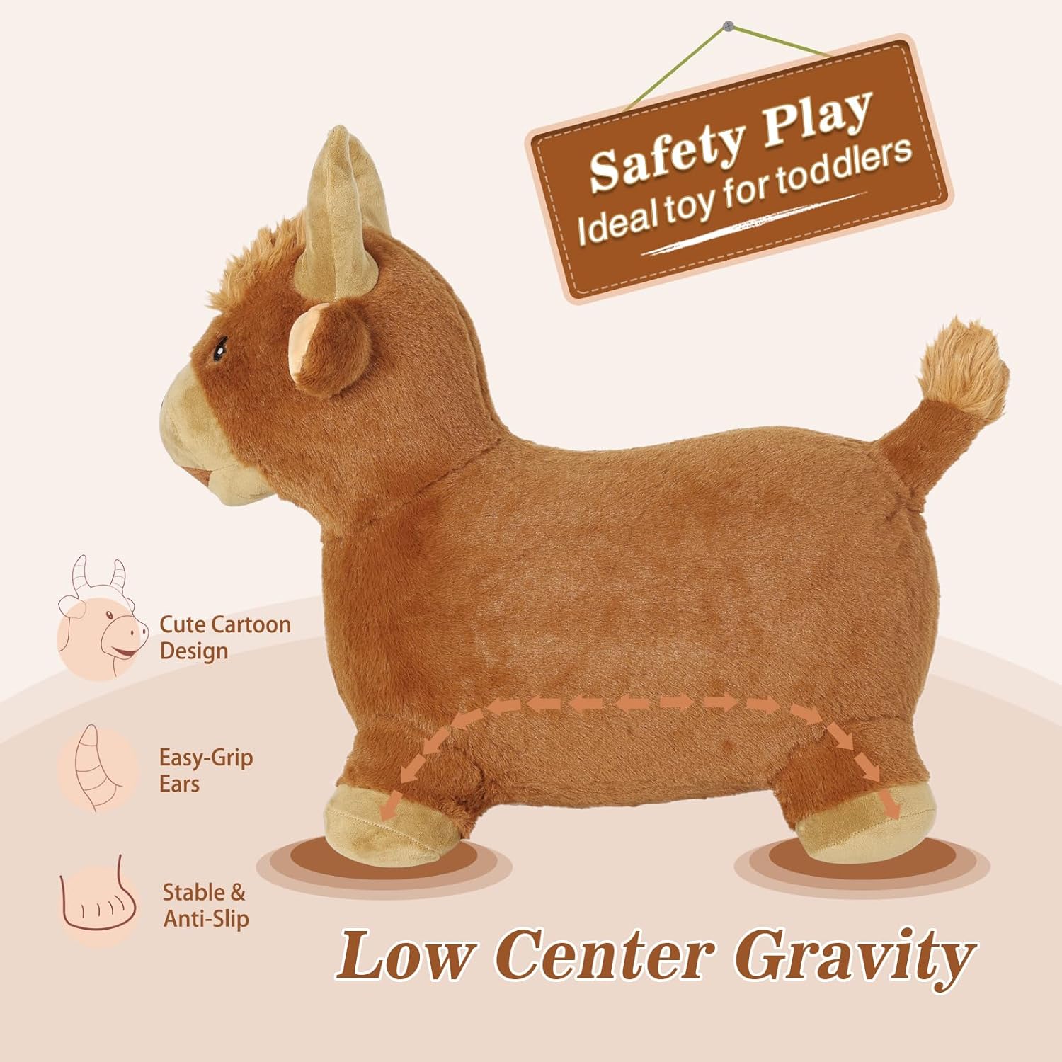 INPANY Juguetes hinchables de salto de toros  Tolva de vaca de felpa marrón para niños pequeños, caballo inflable de animales de granja, paseo al