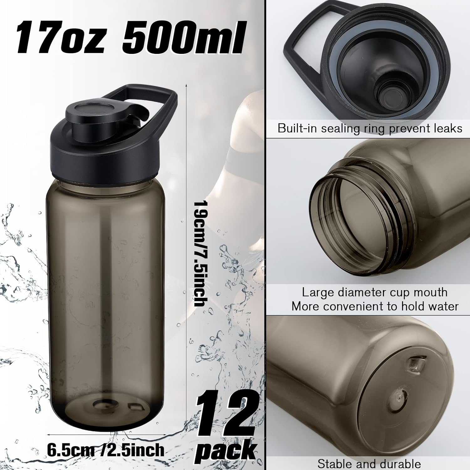 12 botellas deportivas de plástico de 17 onzas, botellas de agua reutilizables a granel, botellas de bebidas deportivas portátiles a granel, paquete