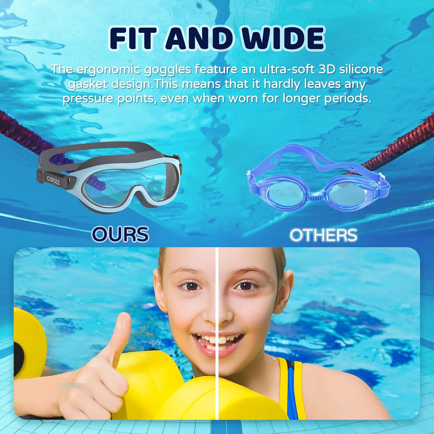 COPOZZ Gafas de natación para niños de 8 a 16 años, visión amplia, gafas de natación para jóvenes, sin fugas, antivaho y transparente, para piscina