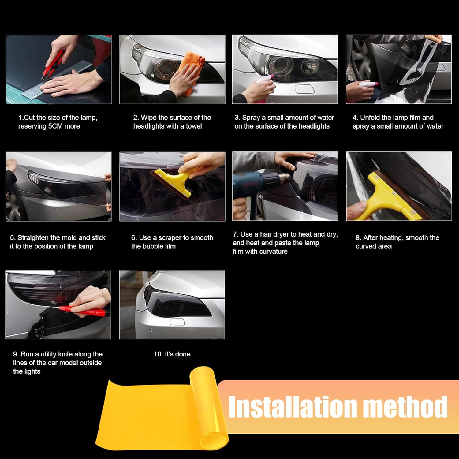 1 calcomanía de modificación de color para foco de automóvil, película de PVC de fibra de carbono de 11.8 x 47.2 pulgadas, accesorios universales