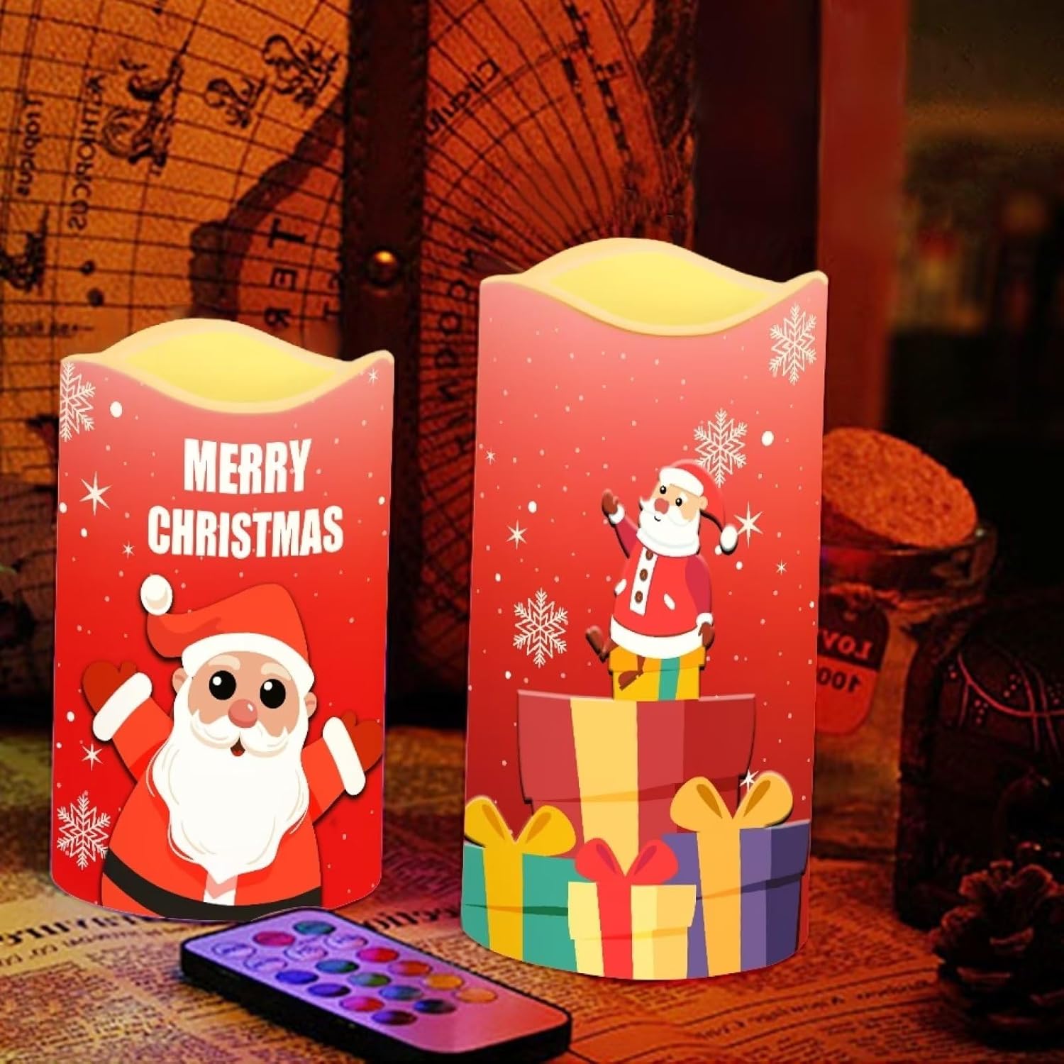 Velas sin llama de Papá Noel con control remoto para decoración de mesa del hogar, velas de pilar de Navidad a pilas, 4 paquetes