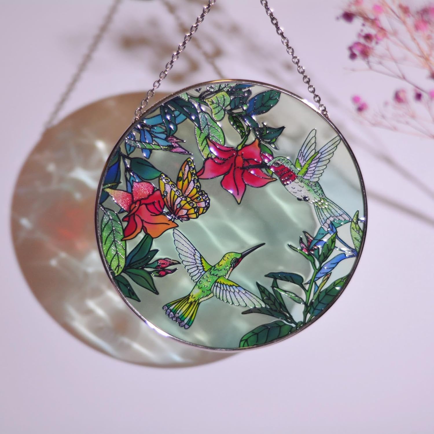 Atrapasoles para colgar vitrales, colibríes y mariposas para ventana, 100% real, vitral, colorido, adorno para ventana interior, hogar, jardín,