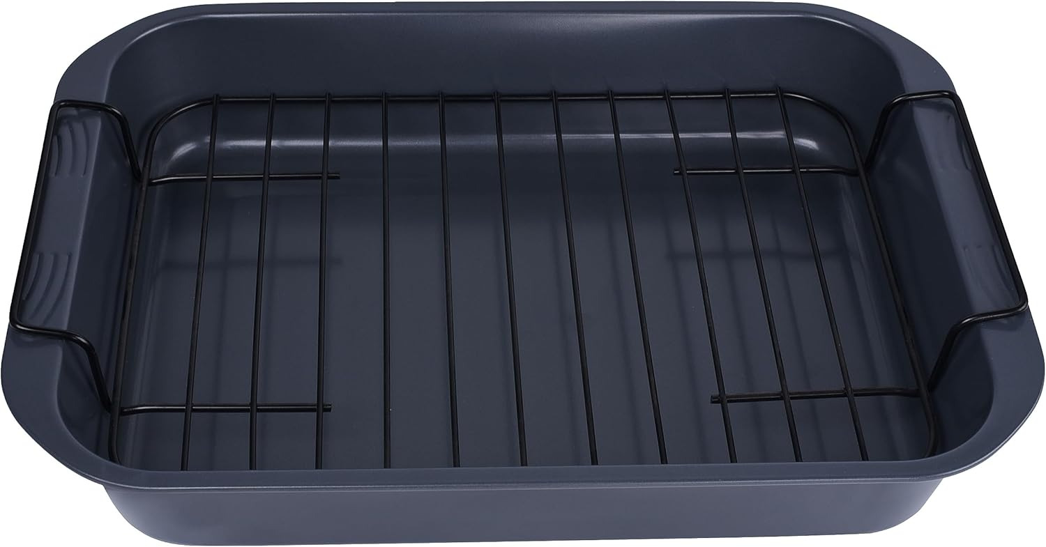 Sartenes para asar con estante, asador de pavo de 15 x 10.5 x 2.5 pulgadas para pavo pequeño, pollo, carnes y verduras, lasaña (gris)