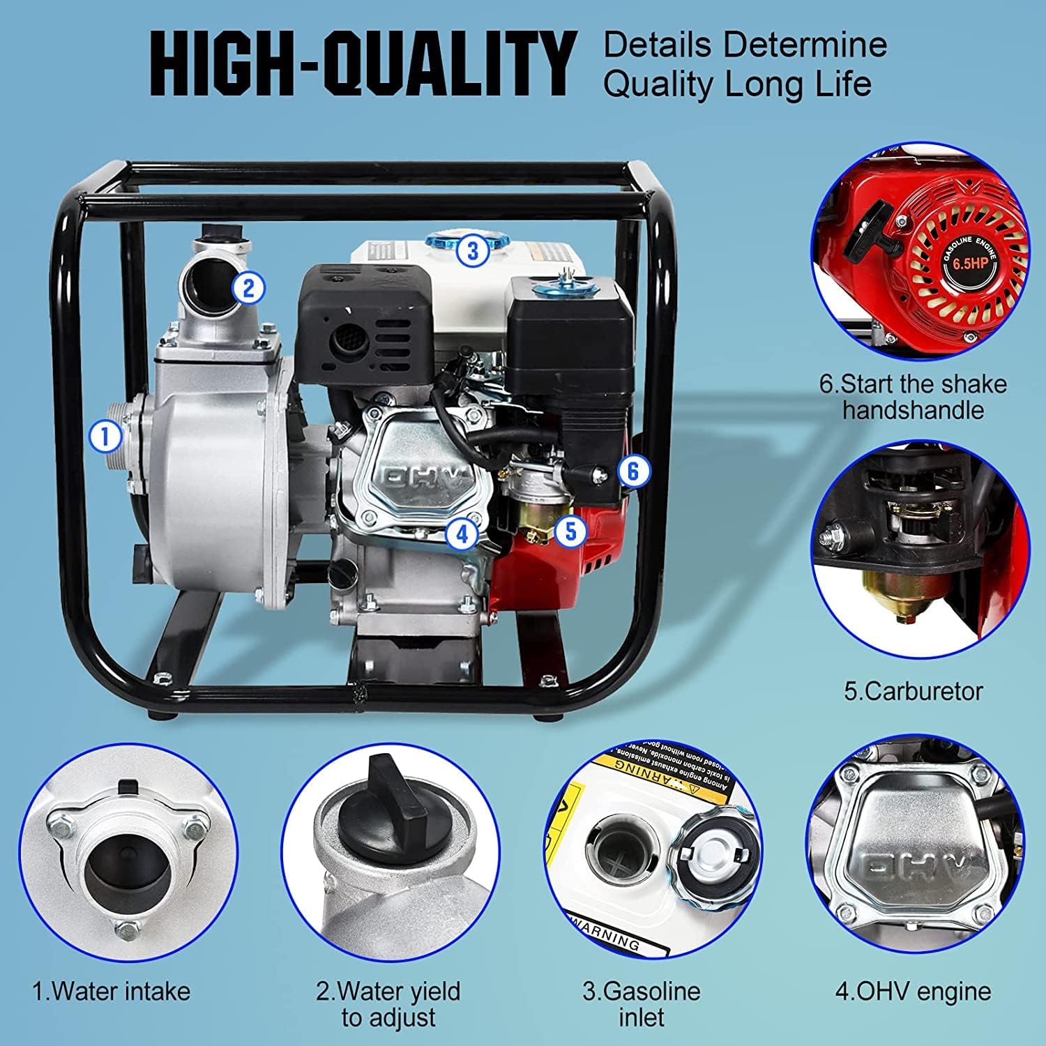DC HOUSE Bomba de agua semi-basura de 2 pulgadas y 6.5 HP de 4 tiempos, 212cc 4 ciclos 158GPM alto caudal de succión de 26.2 pies de elevación de