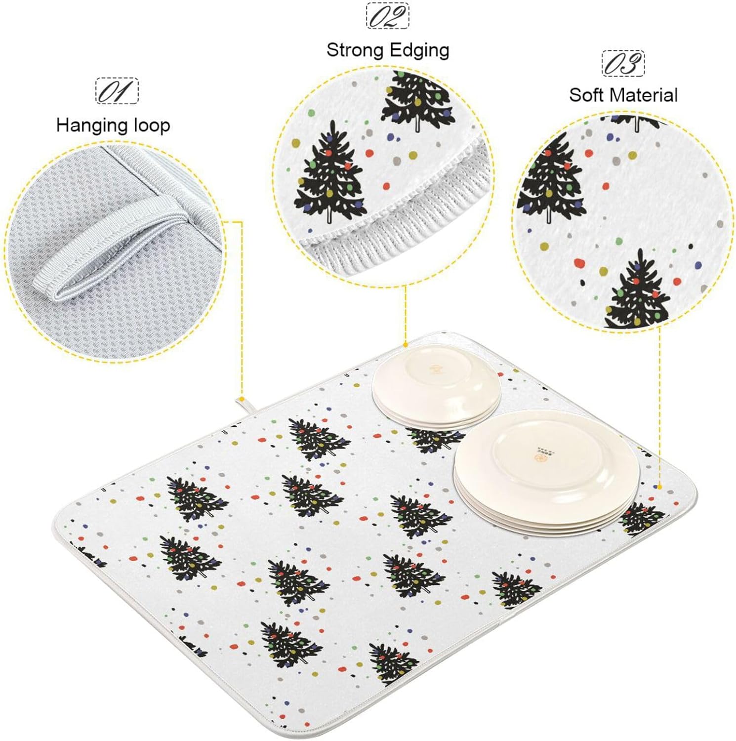 Christmas Fir Trees Dish Mat Washnable Absorbent Kitchen Counter Mat Dish Drainer Mat Tapete Para Cocina 16” x 18”