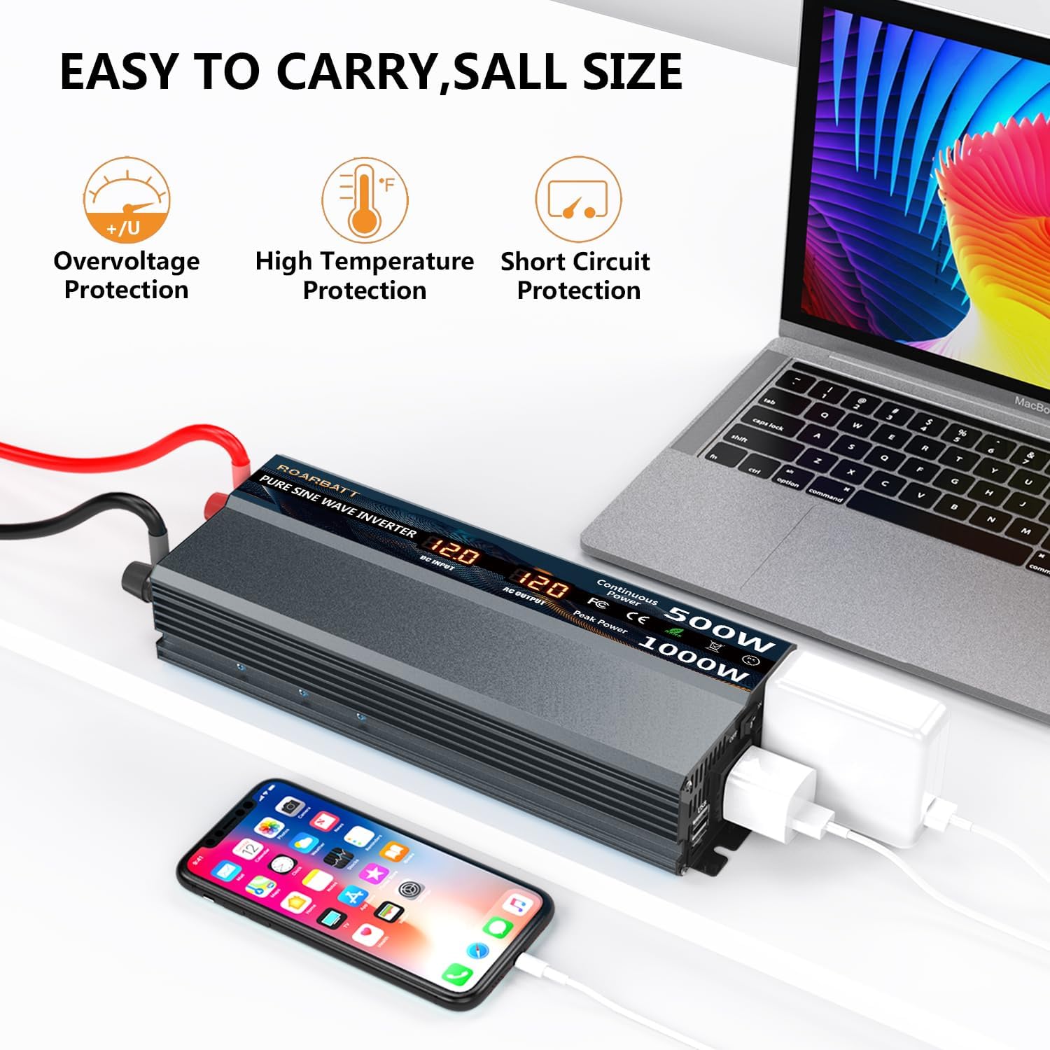 Inversor de corriente de onda sinusoidal pura de 500 W, 12 V CC a CA, 110 V, 120 V, potencia máxima, 1000 W, con 2 salidas de CA, inversor de