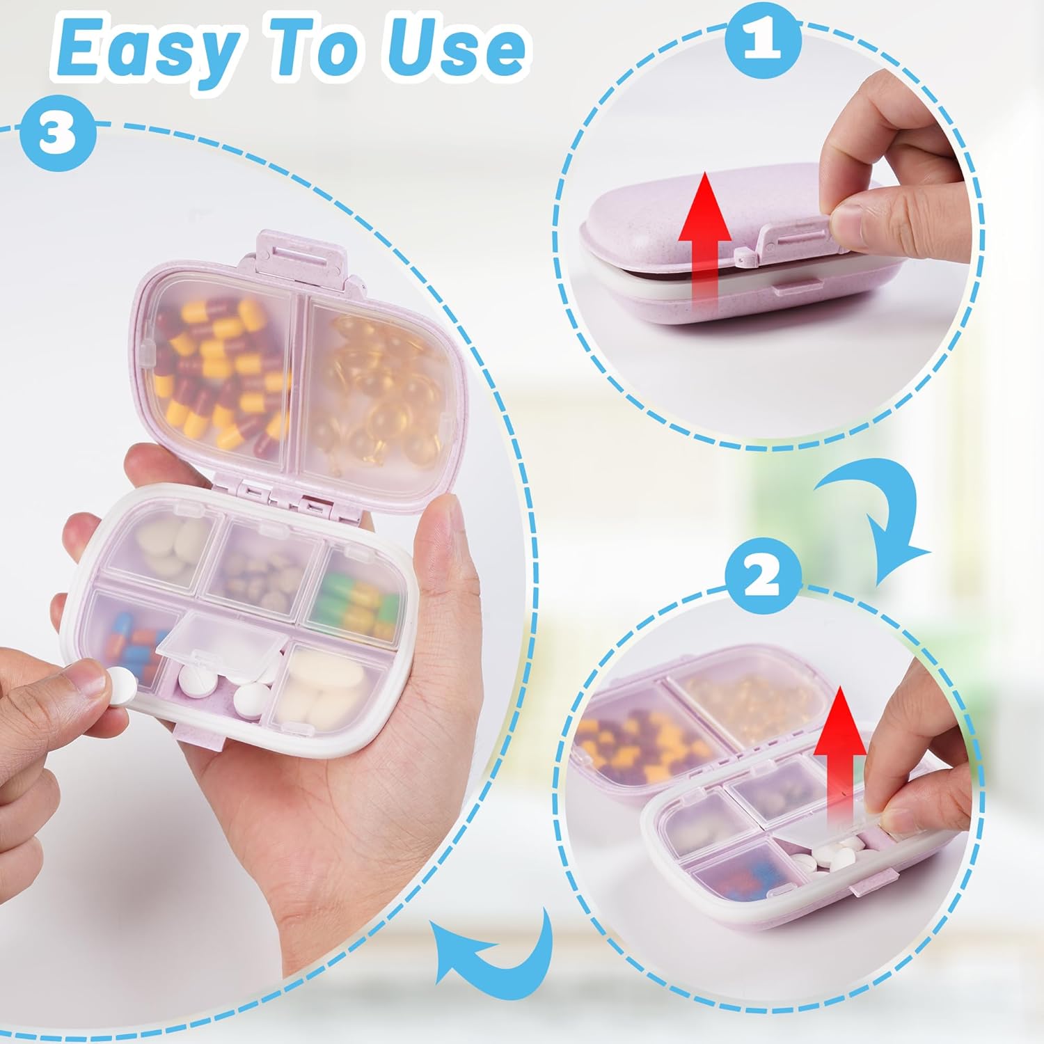 Pastillero de viaje  Pastillero diario portátil con 8 compartimentos, contenedor de píldoras, organizador de medicamentos, dispensador de píldoras,