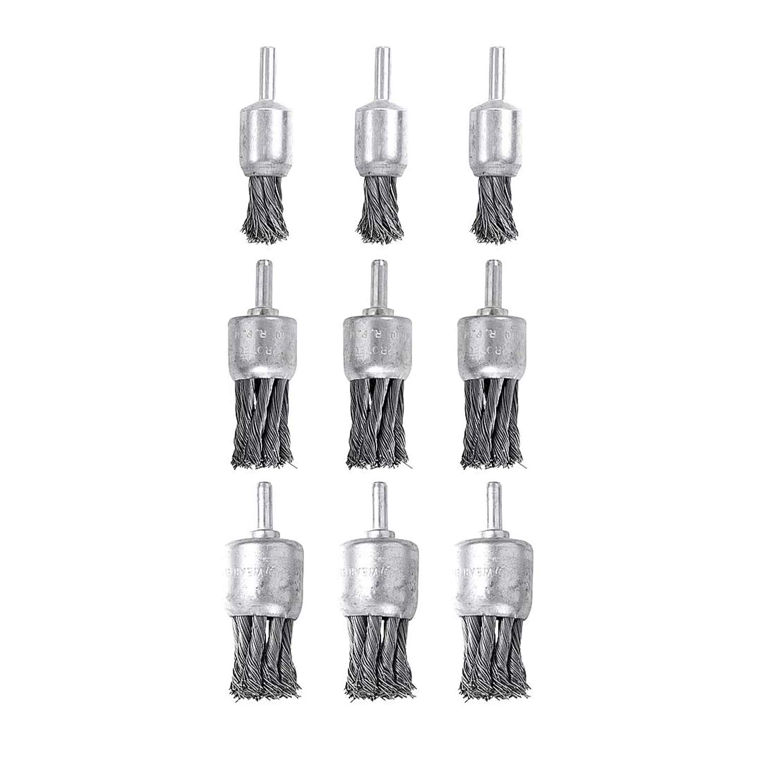 Paquete de 9 cepillos de ruedas de alambre para taladro, tamaños 0.8 pulgadas, 1 pulgada y 1.2 pulgadas, cepillo Mixiflor anudado y extremo de