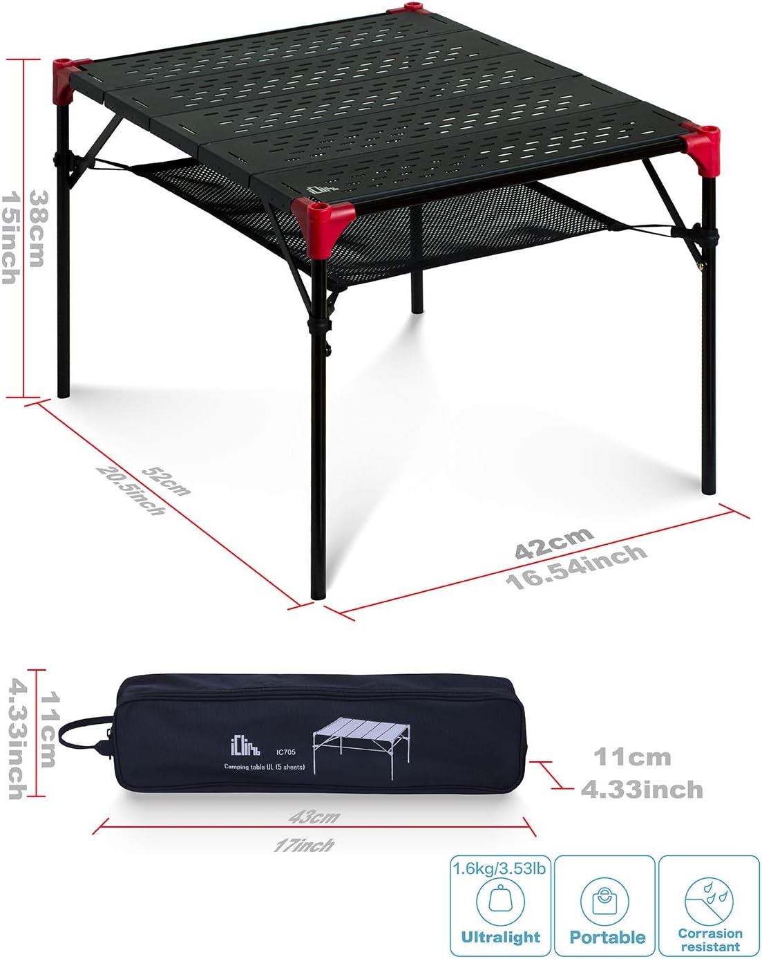 iClimb Mesa plegable extensible, área de mesa grande, ultraligera, compacta con mesa hueca para camping, mochilero, playa, concierto, barbacoa,