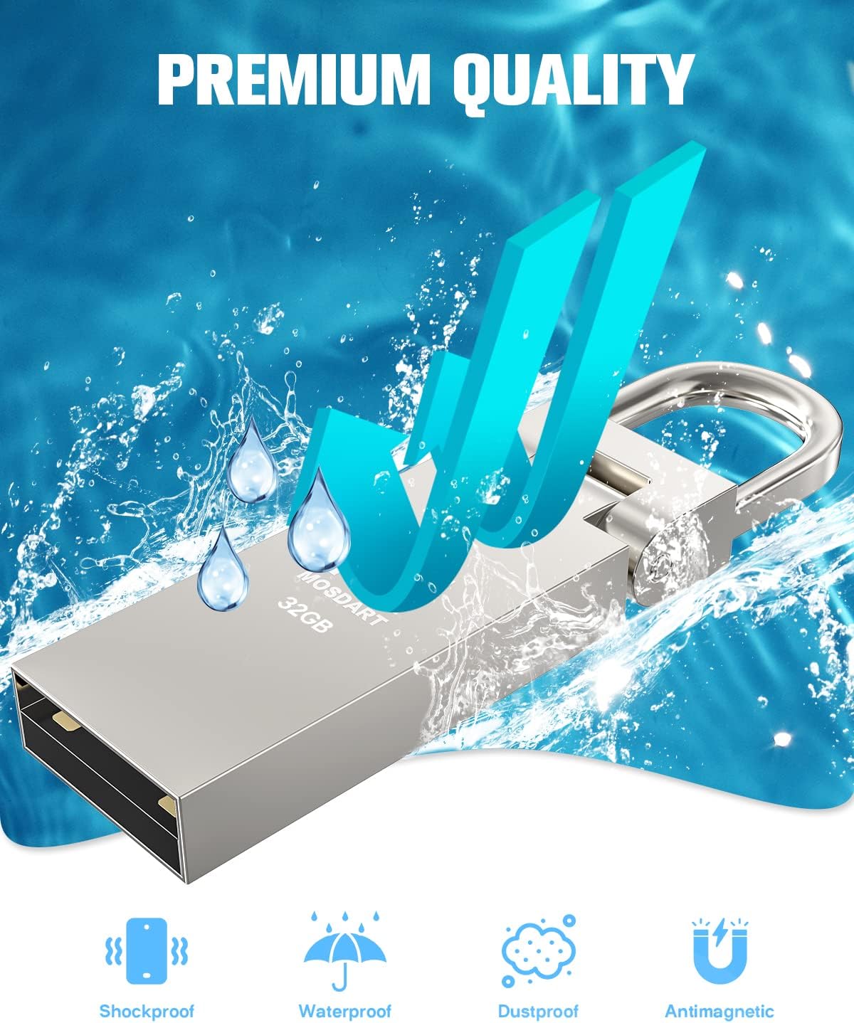 MOSDART Paquete de 5 unidades flash USB 2.0 impermeables de 32 GB con llavero, unidades de pulgar FAT32 de 32 GB, unidad de salto de metal, memoria