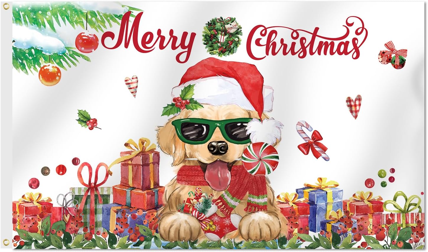 Bandera de perro Golden Retriever de Feliz Navidad, de 3 x 5 pies, de doble cara, cartel de invierno y Navidad al aire libre, bandera de Navidad con