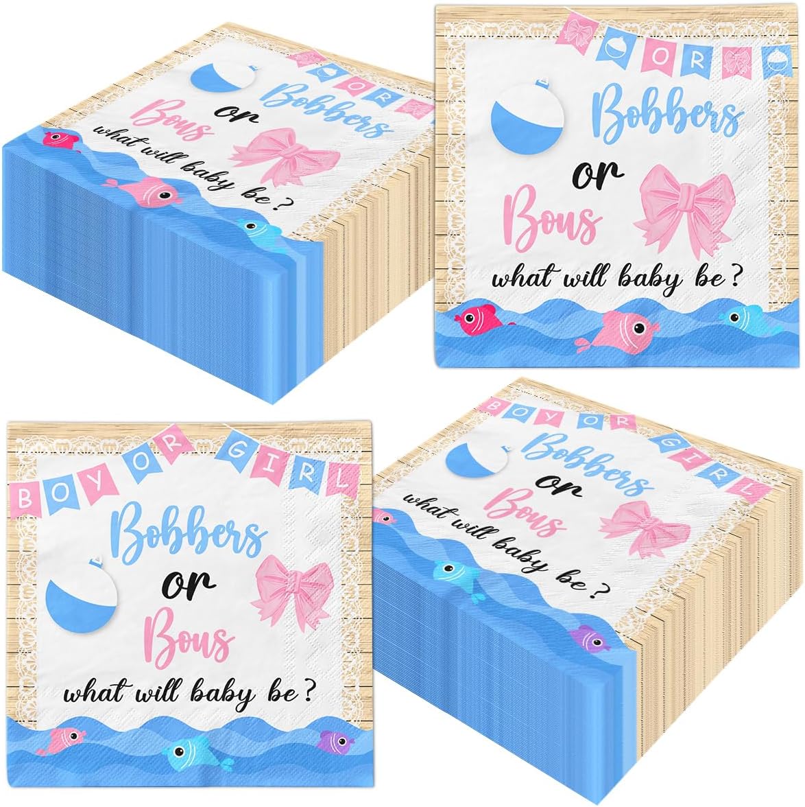 Decoración de fiesta de revelación de género, 40 servilletas o lazos, servilletas de papel de pesca, decoración de mesa para niño o niña, decoración